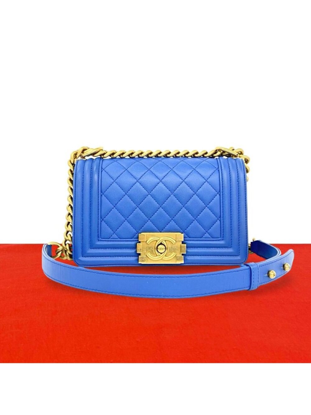 Chanel Boy CC Logo Lambskin 2-Way Chain Shoulder Bag Blue